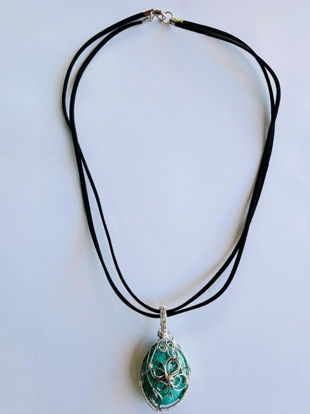 Handcrafted Green Glass Pendant Necklace with Silver Filigree